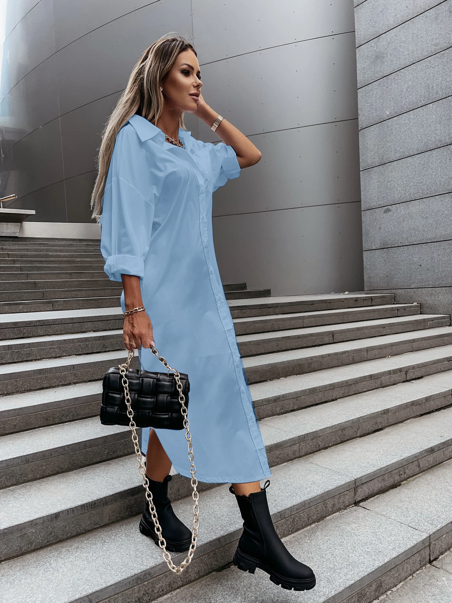 Damen Langarm-Hemdblusenkleid mit Umlegekragen und Knopfleiste - Lässiges Schickes Midikleid für Frühling/Sommer