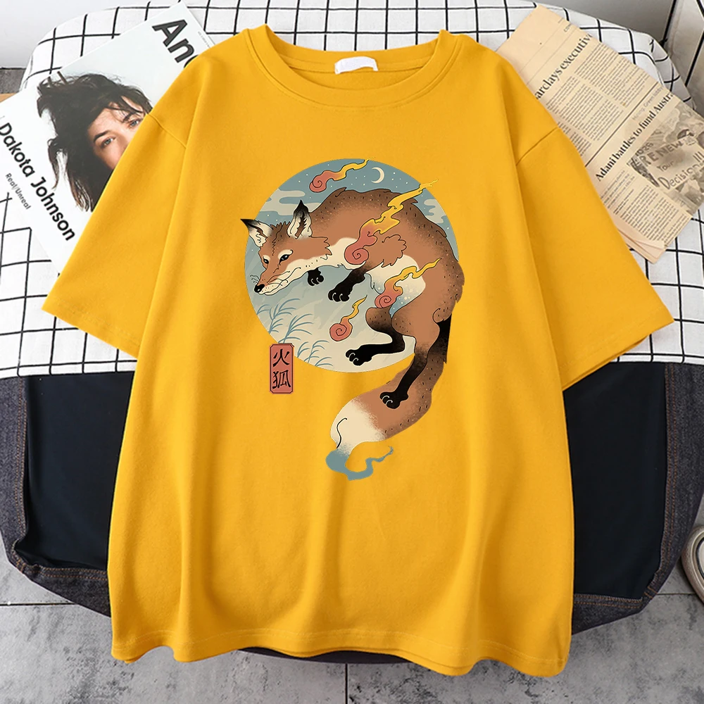 النار النار الكرتون الثعلب اليابانية طباعة المرأة قصيرة الأكمام Harajuku تي شيرت غير رسمي الملابس تي شيرت النساء الملابس موضة Y2K #5
