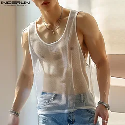 INCERUN Men Tank Tops Mesh Transparent Solid Color O-neck Sleeveless Vests Streetwear 2024 Summer Fashion Men Clothing S-5XL