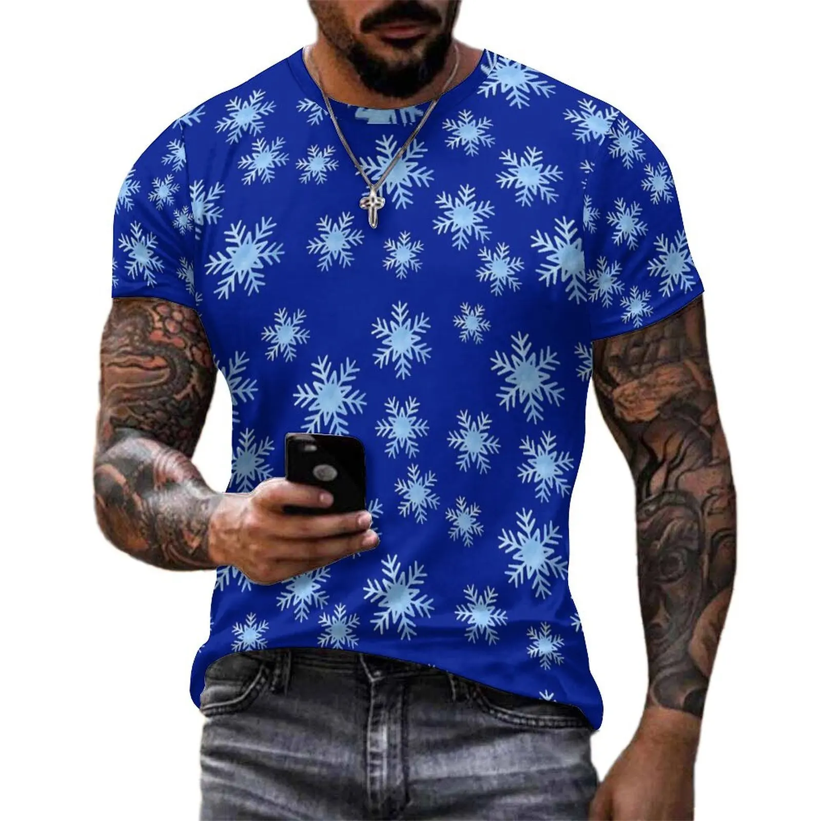 Original T Shirt Winter Snowflake T-Shirts Royal Blue Basic Trending Tee Shirt For Male Short-Sleeve Graphic Plus Size Tops
