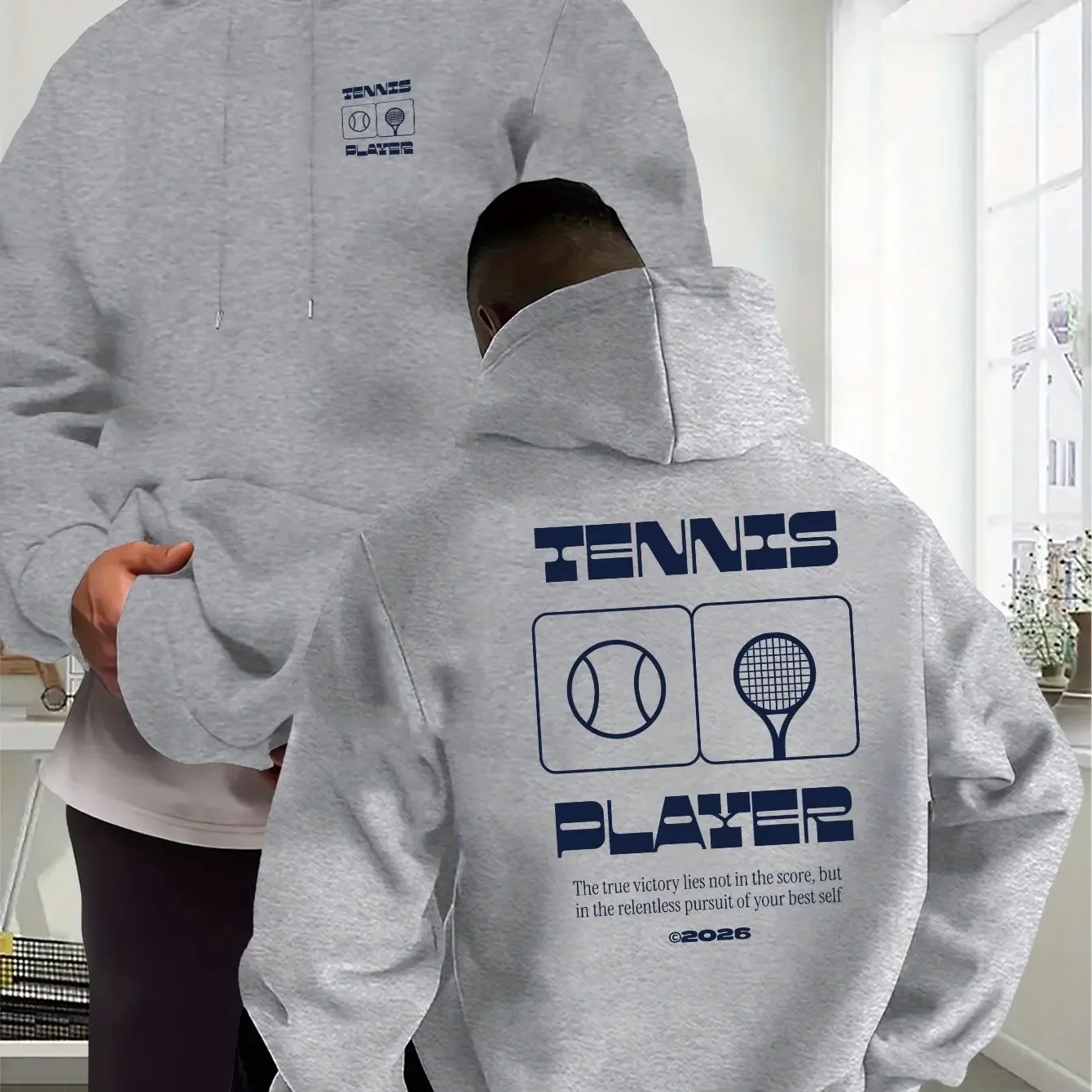 Men Thick Warm Hoodie Retro Minimal Tennis Ball Racket Box TENNIS PLAYER Bold Text Print Training Daily Commute Pullover
