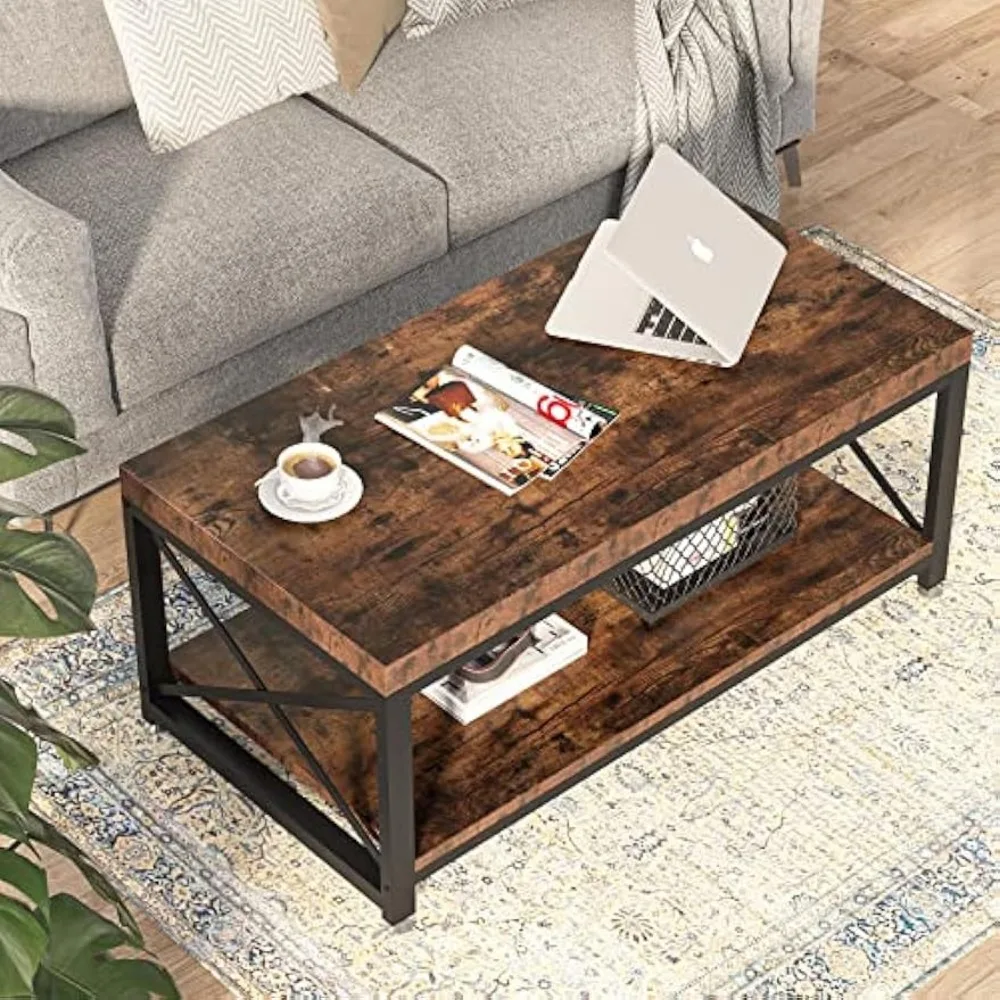 Industrial Coffee Table with Storage Shelf for Living Room, 2 Tier Rectangular Medium Table Coffee Table, Easy to Assemble