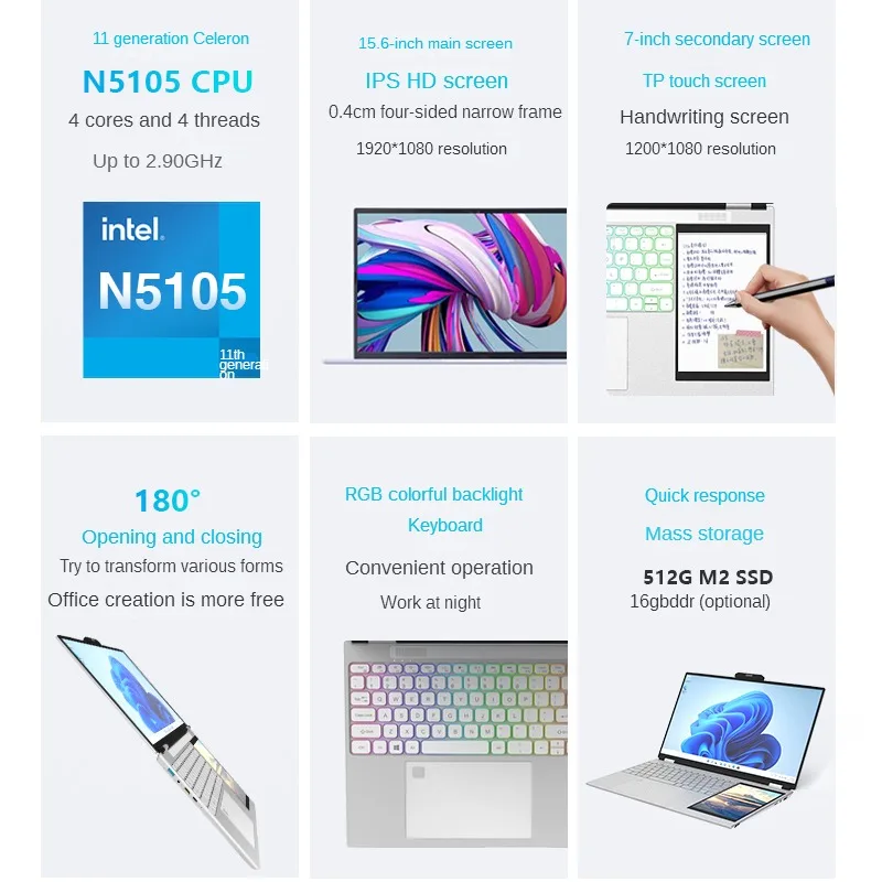 15.6''+7'' Dual Screen Business Laptop w/ Fingerprint Unlock, Detachable 2MP HD Camera, RGB Backlit Keyboard, Intel N5105 CPU