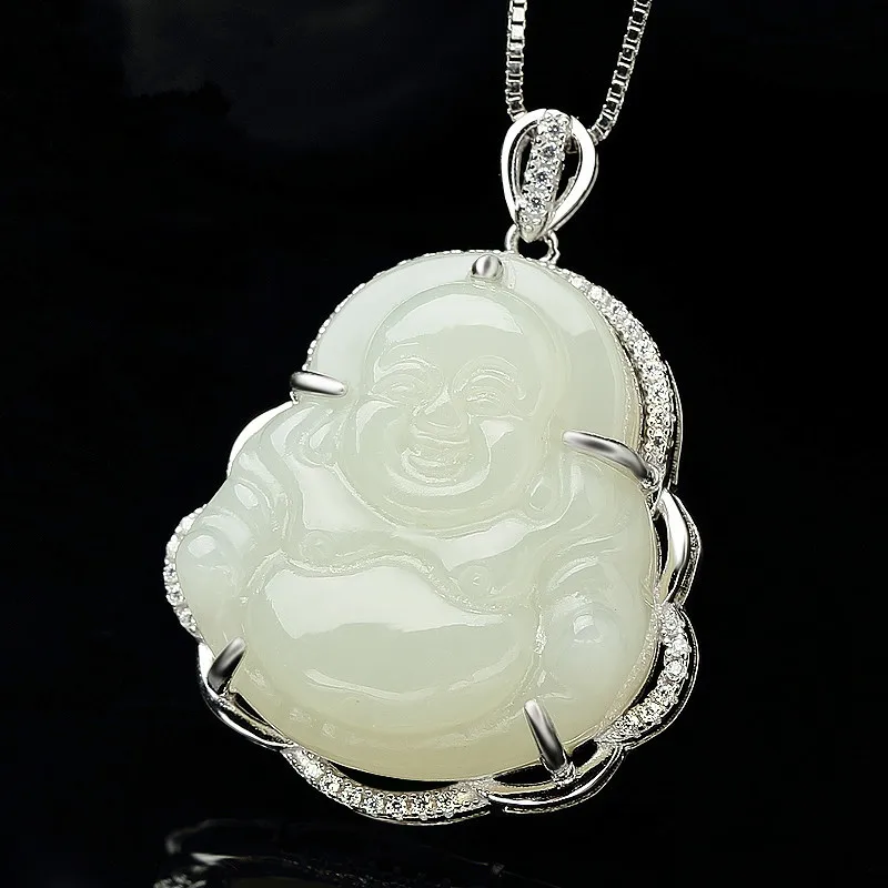 

Женский кулон из нефрита с изображением Будды Майтреи (Смеющийся Будда) и Гуаньинь, серебро 925 пробы, для мужчин, Синьцзян Хотан