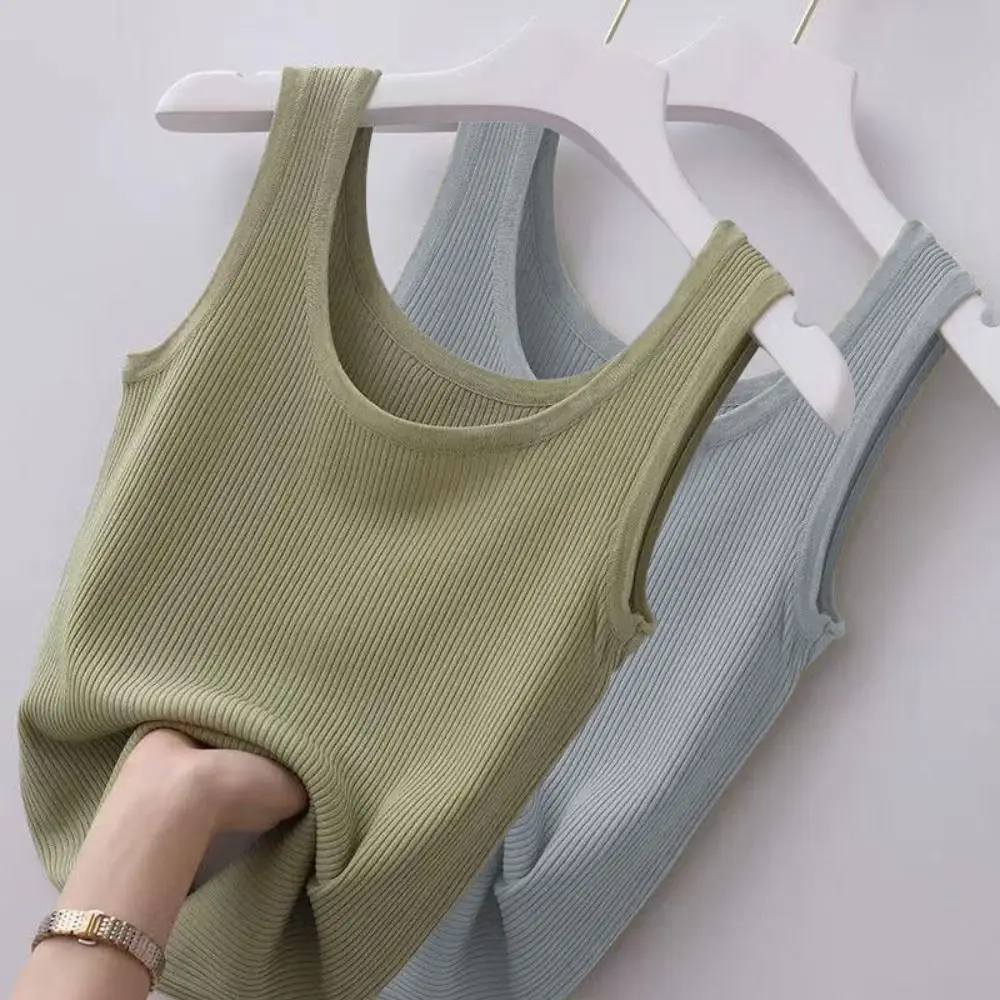 Summer Camisole Spring Knitted Tank Round Neck Crop Tops Sexy Sleeveless Camisole Solid Color Polyester Basic Top Streetwear Tee