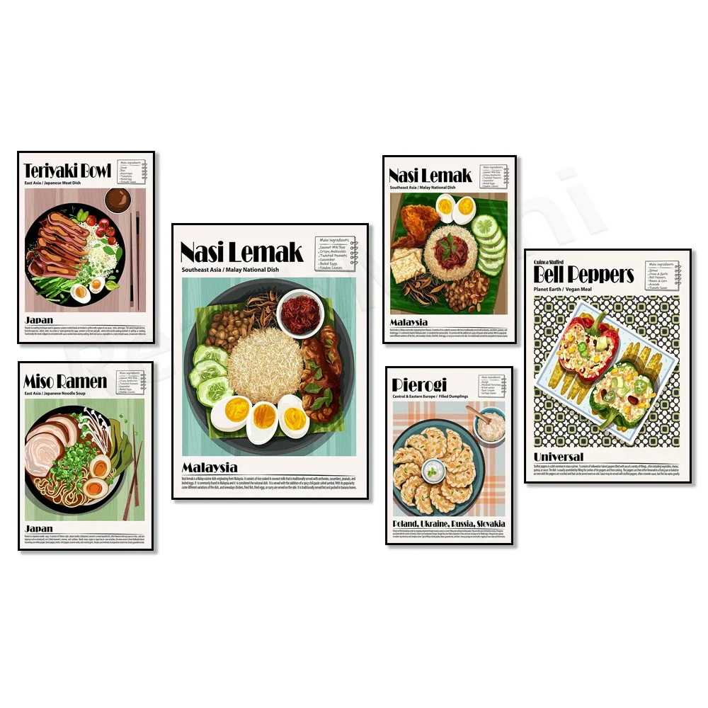 Slavic dishes, quinoa stuffed bell peppers, Japanese miso ramen, Indonesian laksa spicy noodle dishes, East Asian cuisine poster
