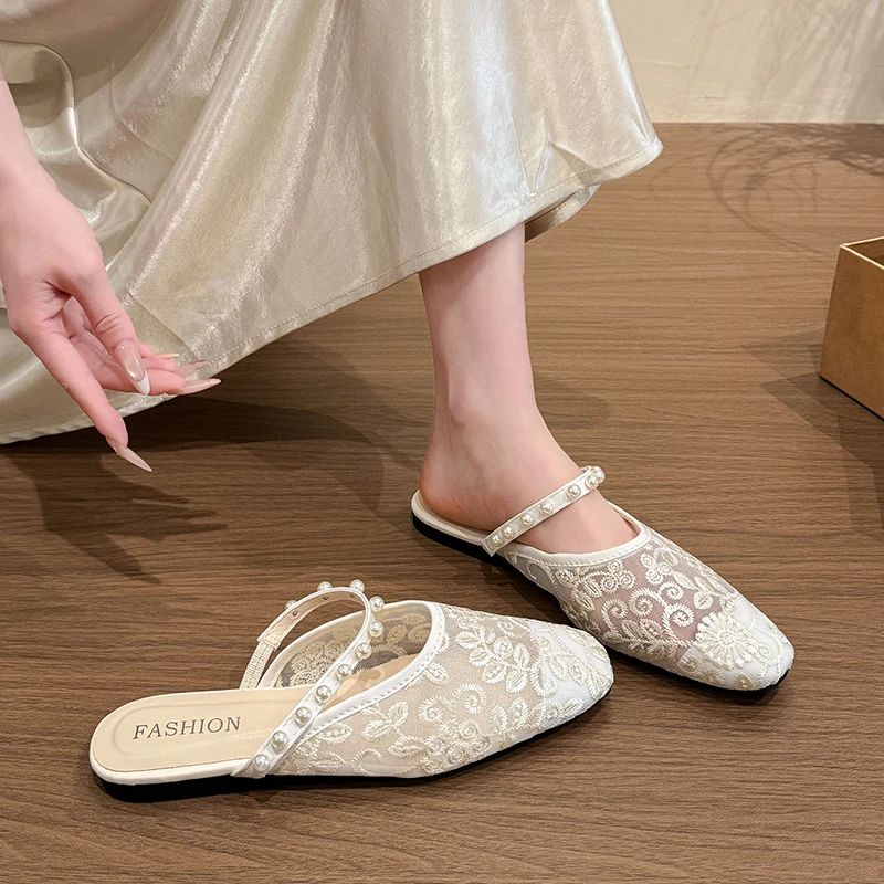 Women's Summer Fashion Embroidered Mesh Breathable Toe-Toe Slippers 226 New Style Pearl Decorated Light Elegant Slippers view 6