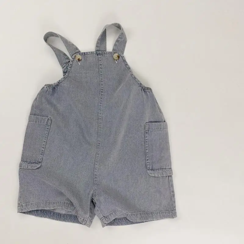 2026 Summer New Children Denim Overalls Girls Fashion Strap Jeans Toddler Boys Casual Pocket Shorts Solid Kids Clothes