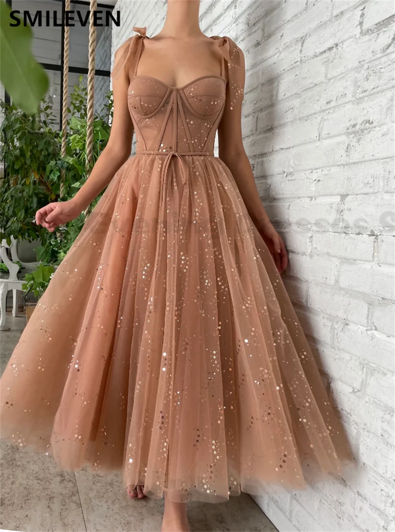 Smileven Shiny Champagne Simple Sweetheart Midi Prom Dresses Spaghetti Straps Tea-Length A-Line Graduation Dresses Customized