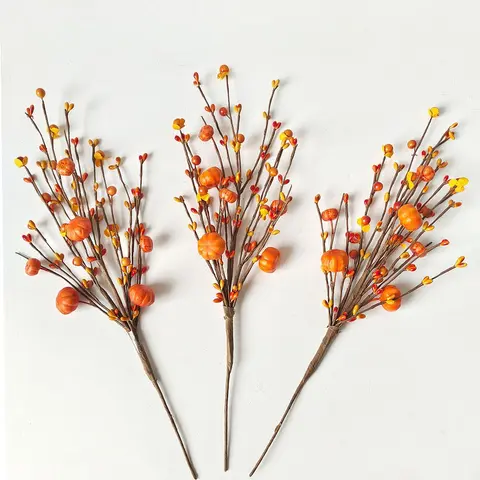 Simulated Berries Flower 1PC Pumpkin Branches with Mini Foam Pumpkin for Thanksgiving Halloween Home Table Decorat Fake Flowers