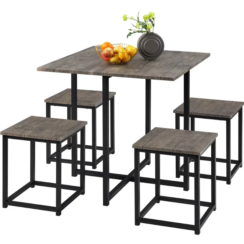 Conjunto de jantar com mesa quadrada industrial, 4 cadeiras sem encosto, Drift Brown, 5pcs