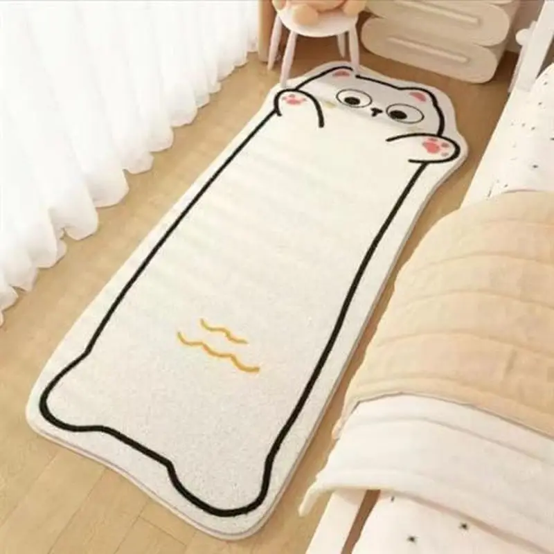 VIKAMA Cute Tricolor Cat Shaped Long Runner Rug Washable Non‑Slip Cartoon Pet Mat For Bedroom Bedside Sweet Home Decor
