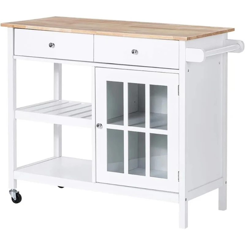 

Island, Portable Kitchen Cart Wood Top Kitchen Trolley with Drawers and Glass Door Cabinet, Wine Shelf