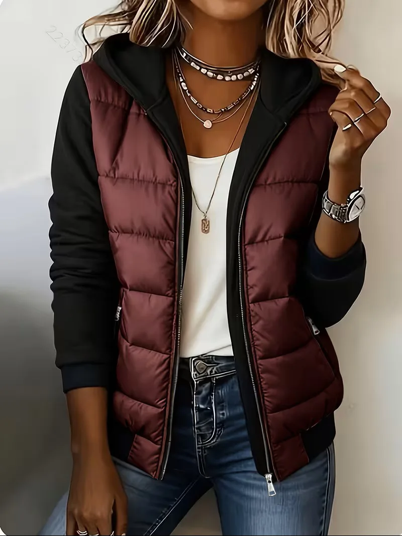 Women's Color Block Hooded Puffer Jacket -Quilted Zip Up Coat with Contrast Sweatshirt Sleeves, Casual Lightweight Winter Outer