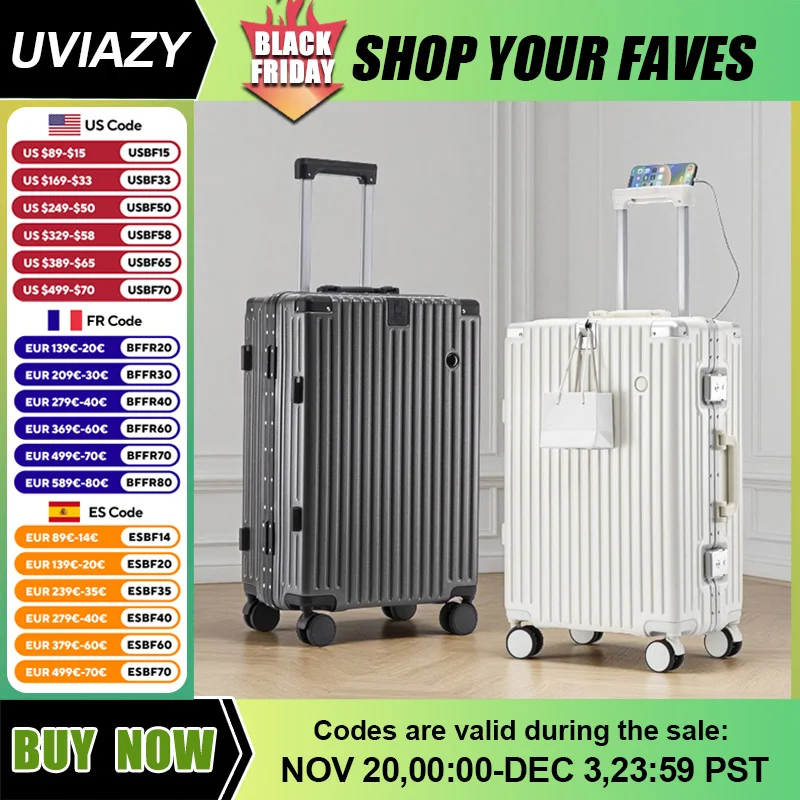 20/24/26 Inch ABS Travel Suitcase Multi Functional Aluminum Frame Luggage  with Retractable Cup Holder and Front Hook for Trip