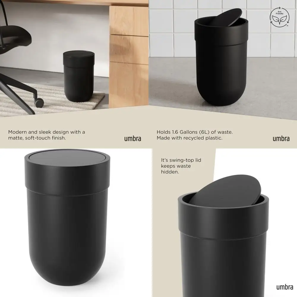 

Compact 1.6 Gallon Swing-Top Trash Can, Ideal for Bathroom or Office, Sleek Black