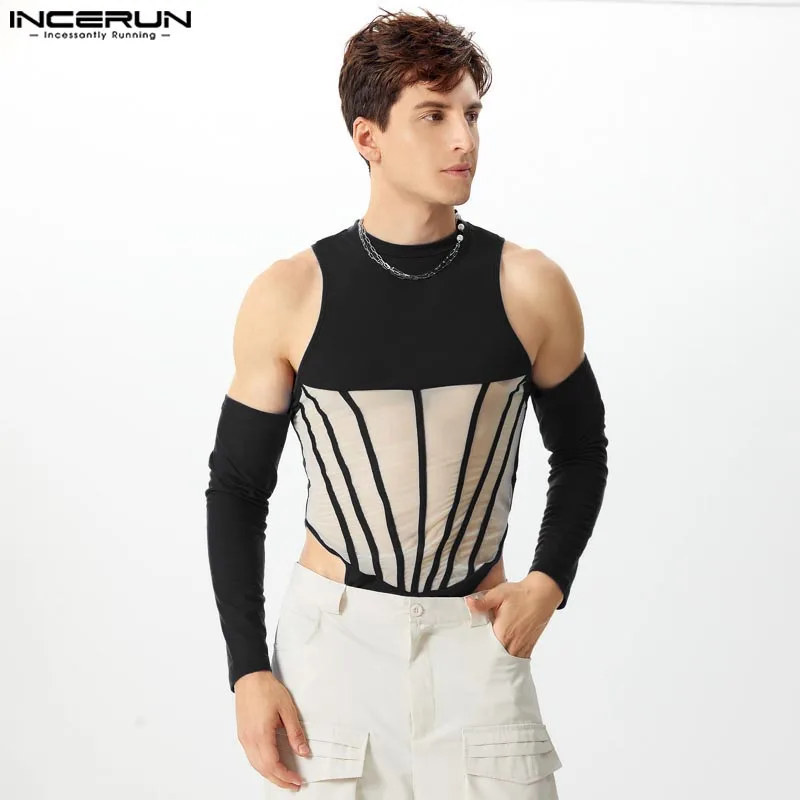 INCERUN bodysuit pria kasual tanpa lengan 2024 Mesh Splicing segitiga Onesies tampan Deconstruction rajutan nyaman pakaian rumah