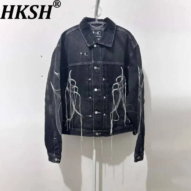 

HKSH Spring Autumn New Men Tide Vintage Tassel Denim Jacket Metal Accessories 3D Cut Coats High Street Fashion Streetwear HK0522