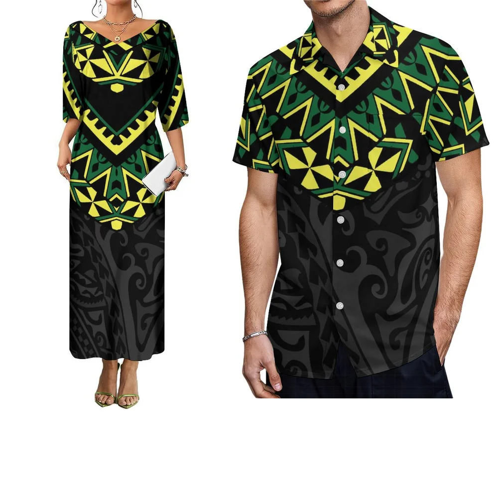 

Holiday Travel Polynesian Women'S Fashion Long Dress, Tribal Ethnic Print Design Custom Men'S Shirt Couple Outfits