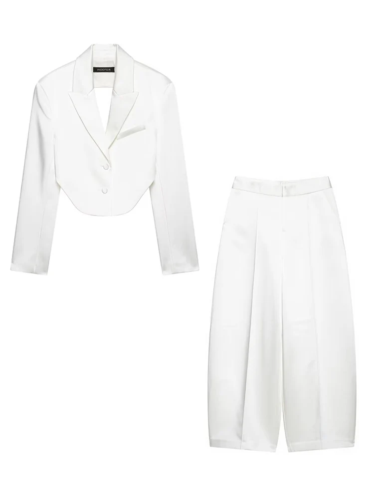 HH Elegant Summer Women's Two-piece Silk Satin Textured Backless Short Blazer + Balloon Style Pants Female Chic Matching Sets