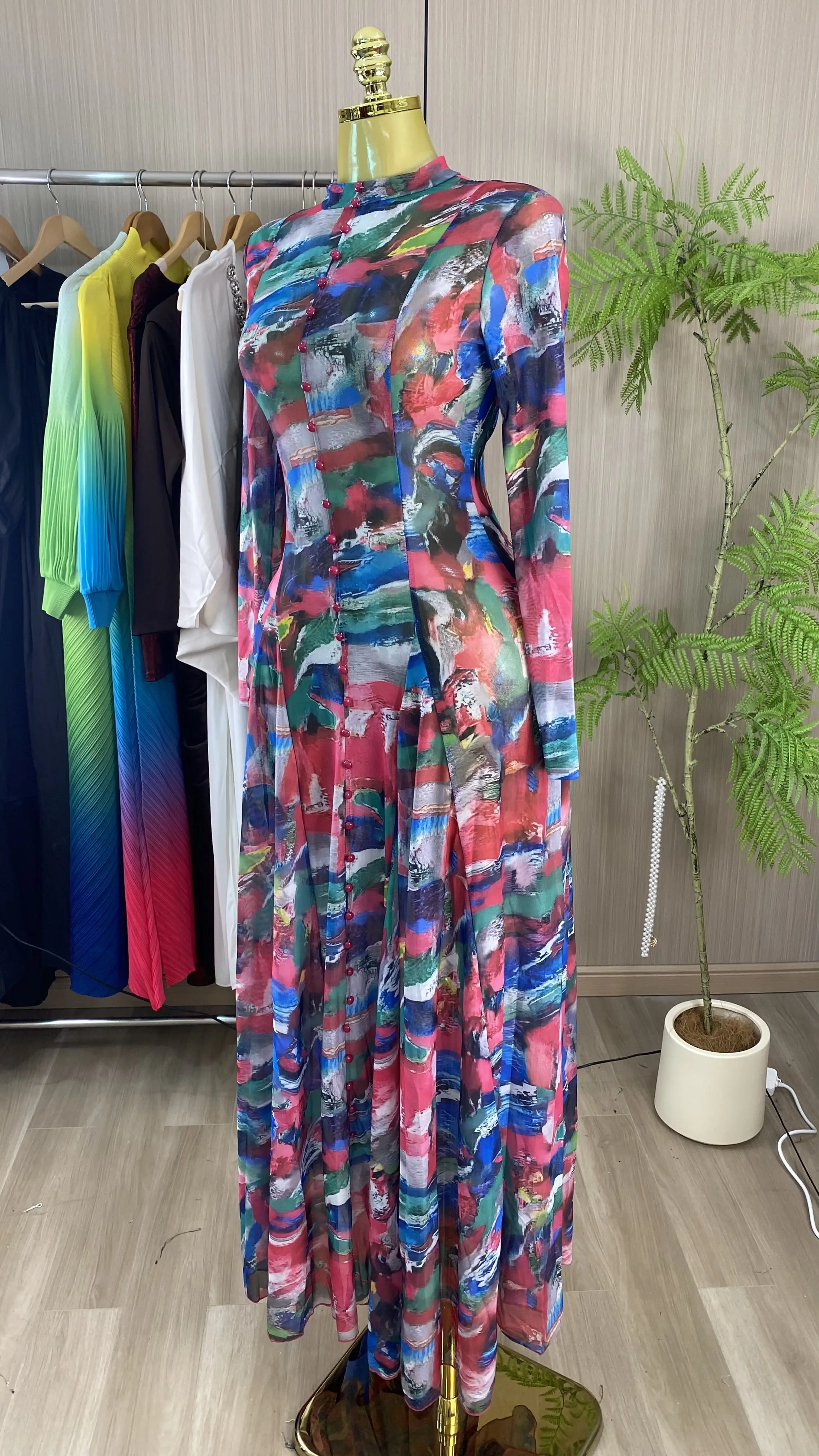New Design: Summer/Autumn 2026 Long-Sleeve Maxi Dress – Plus-Size African Print-GZXX1019