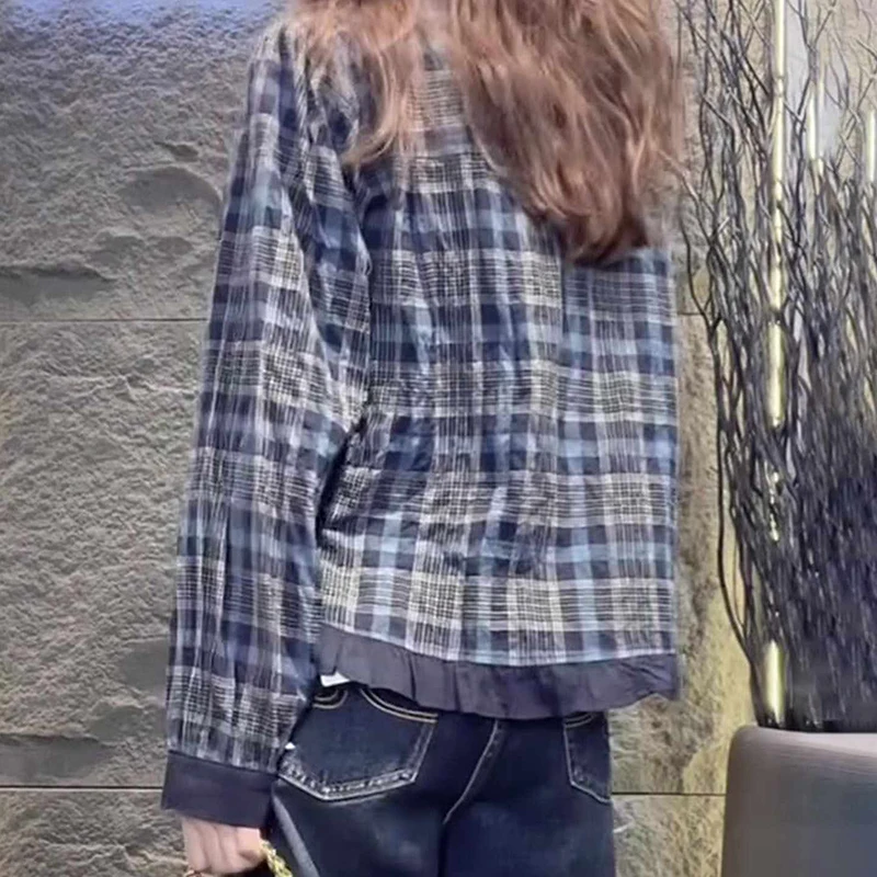 Retro Koreańska Krata Sle Plaid Damska Bluzka na Wczesną Jesień Faion Casual z Okrągłym Dekoltem Ne Design Ular Długa Sve z Włókna Poliestrowego