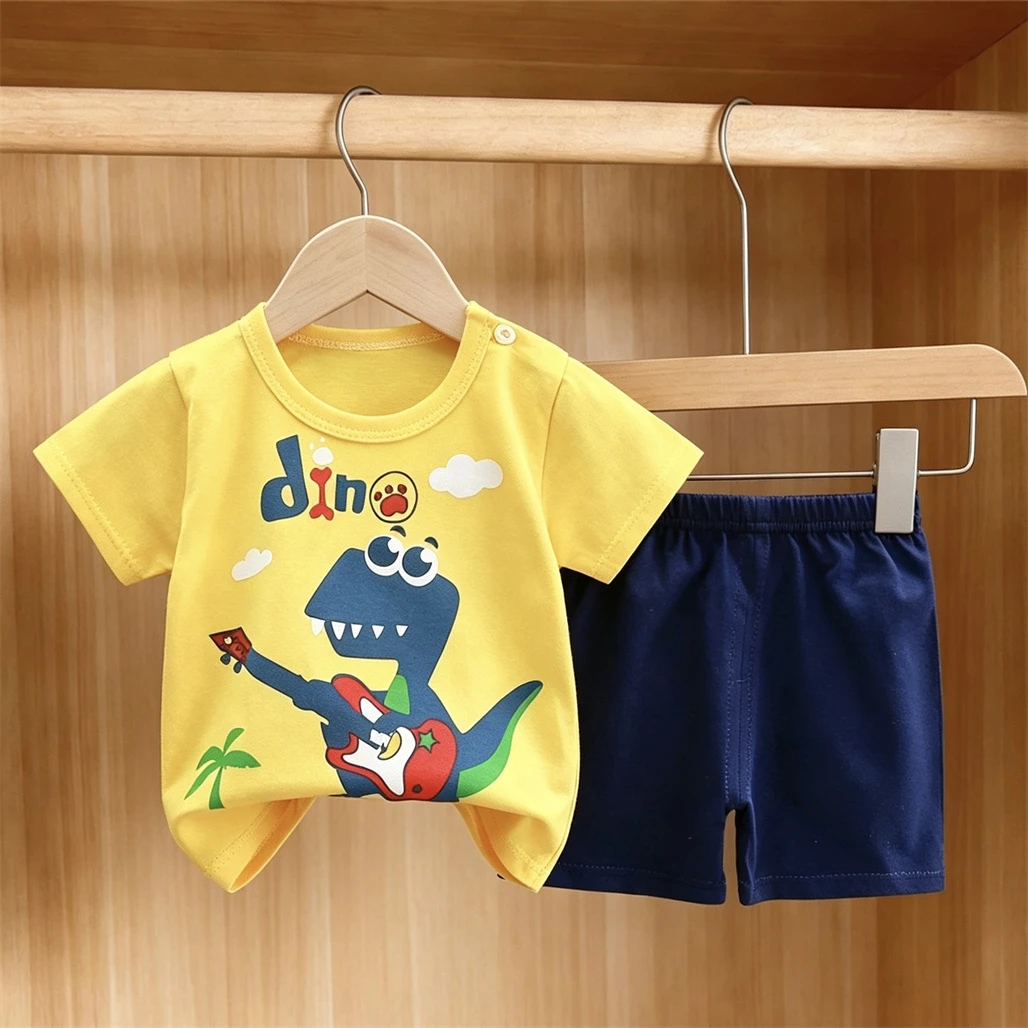 Summer Costume Kids Short-sleeved Outfits Casual Tshirts+Shorts Two Piece Set Cartoon Tshirt Loose Shorts Lovely Baby Clothing