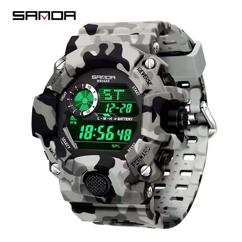 SANDA 2183 ساعة إلكترونية للرجال موضة التمويه مقاوم للماء الرياضة في الهواء الطلق شاشة ديجيتال الترفيه اليومي طالب ساعة رجالية