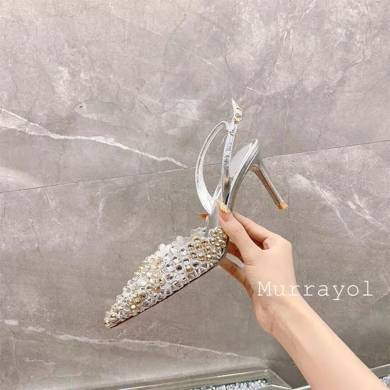 Nuevas Sandalias de tacón alto fino con decoración de diamantes de imitación, Sandalias de mujer de cuero genuino con punta cerrada, zapatos de vestir de fiesta de verano