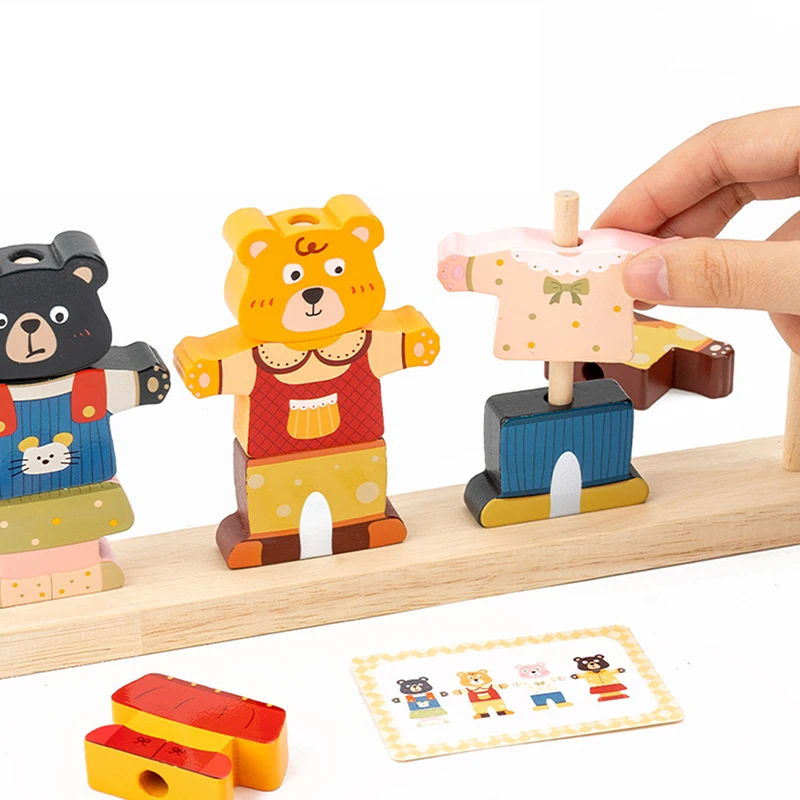 モンテッソーリ木製動物積み重ねドレスアップブロック教育玩具カラフルなパズル想像力豊かな遊び子供のための