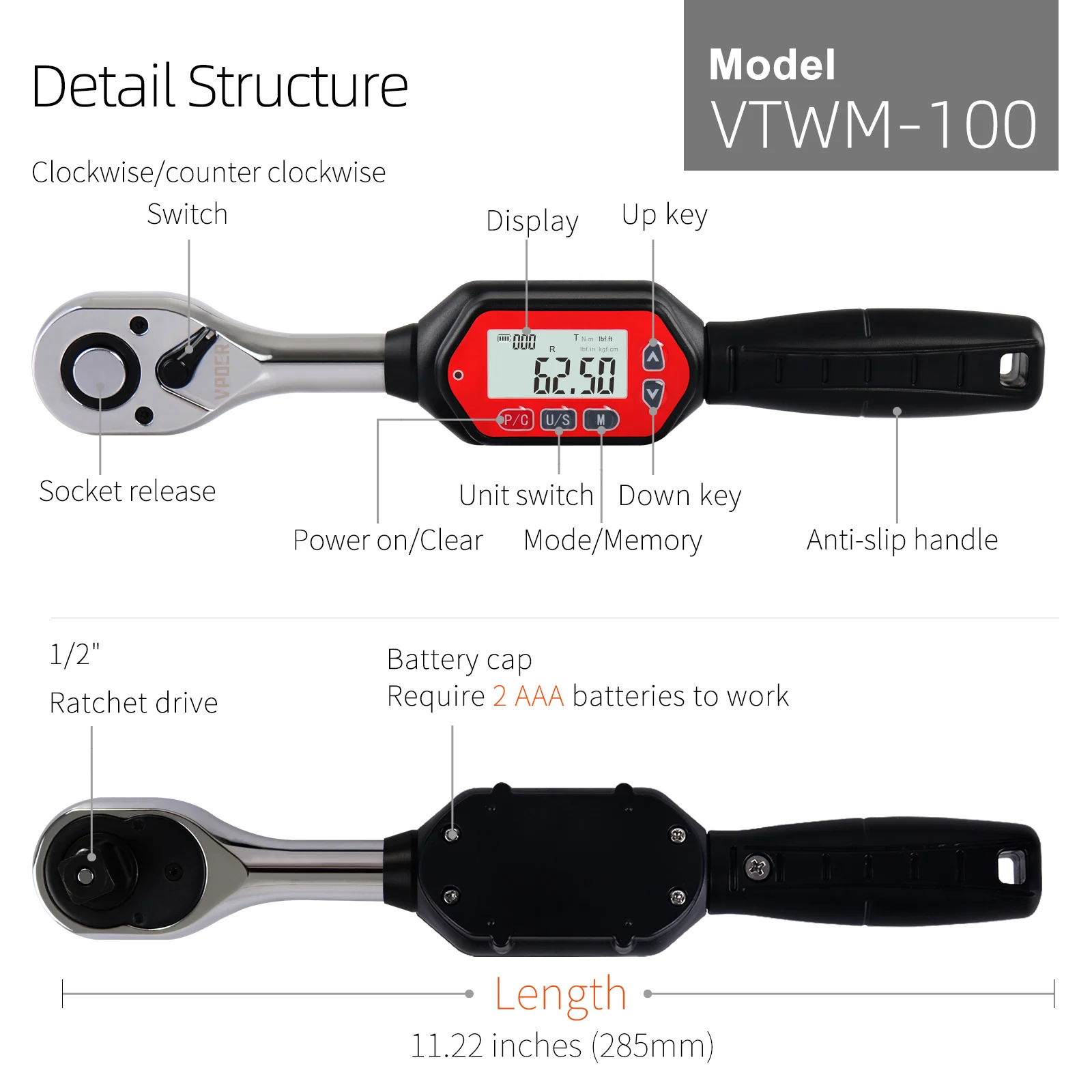 1/2-inch 3-100 Nm Drive Digital Torque Wrench , 2.2-73.7 ft-lbs (26.5-885 inch pound) with Buzzer & LED, Calibrated