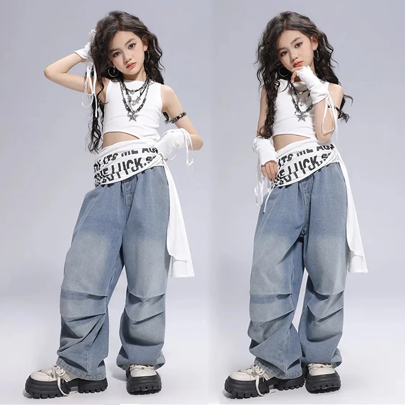 

Jazz Dance Outfit Children's Clothing White Tops Loose Denim Trousers Girl Fashion Show Stage Wear Kpop Costume Streetwear 3207