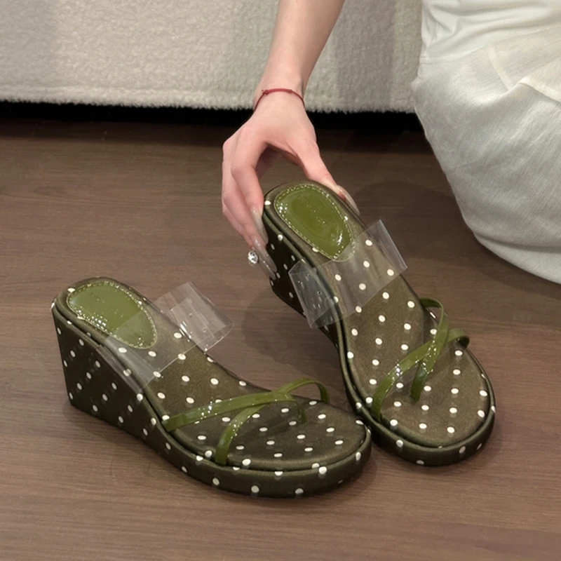 Women Polka Dot Leopard Print Clear PVC Strap Wedge Slides Open Toe Platform Flip Flops Casual Summer Beach Slippers Shoes Woman