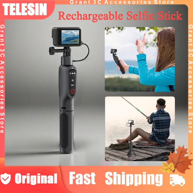 Перезаряжаемая палка для селфи TELESIN Shorty 360° °   Поворотный штатив для экшн-камеры с дистанционным управлением для Gopro Hero 13, 12, 11, 10, 9, MAX