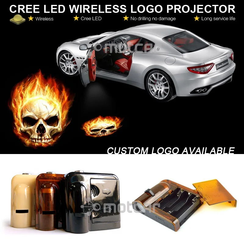 

1set Black ABS Car Door Welcome Light Projector Laser Fire Skull GOBO Logo Light Ghost Shadow Puddle Emblem LED Spotlight