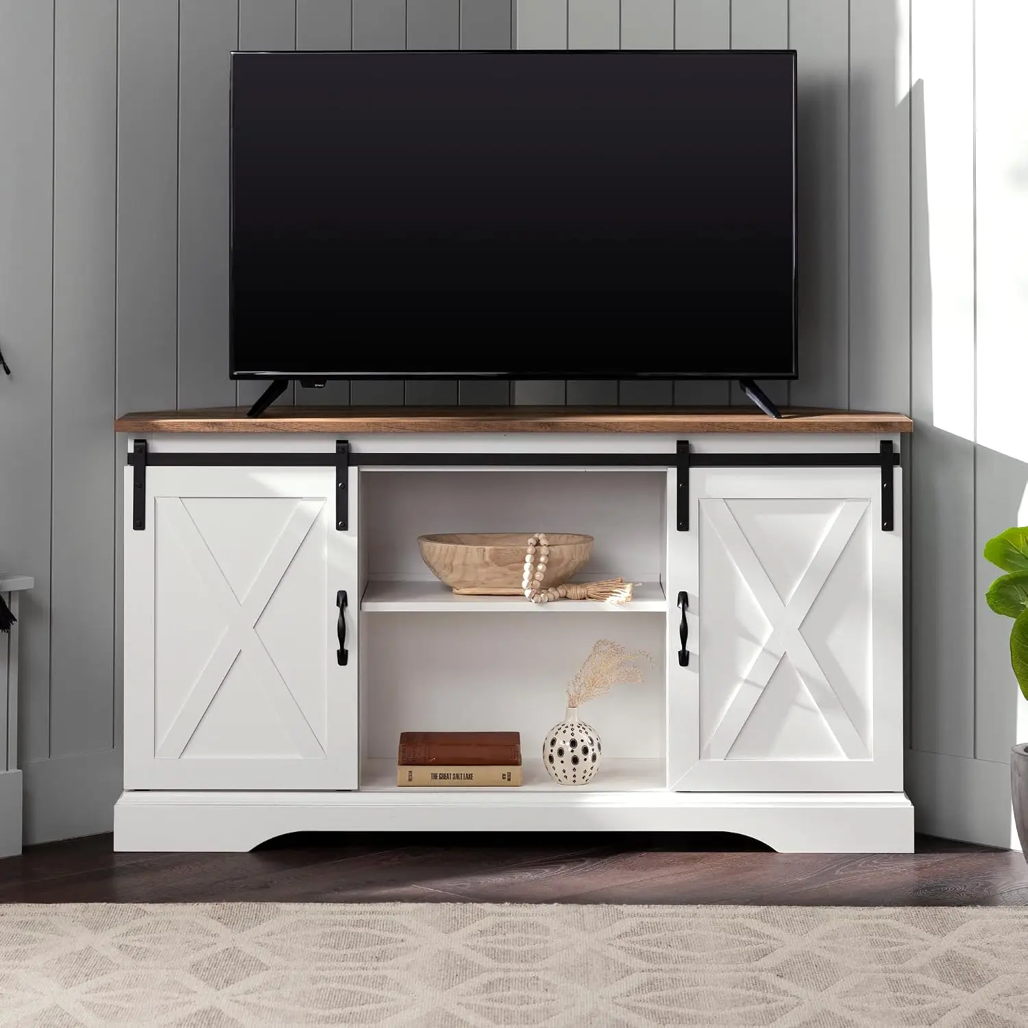 Modern Farmhouse Double Sliding X Barn Door TV Stand For 58 Inch TV 52 Inch Reclaimed Wood & White, Customized