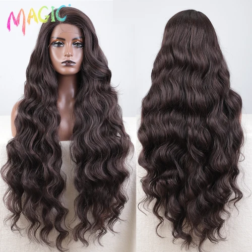 Peluca con malla frontal sintética mágica para mujer, pelo largo ondulado de 36 pulgadas, cuerpo de Cosplay, parte lateral ondulada, peluca con malla frontal, peluca rubia ombré