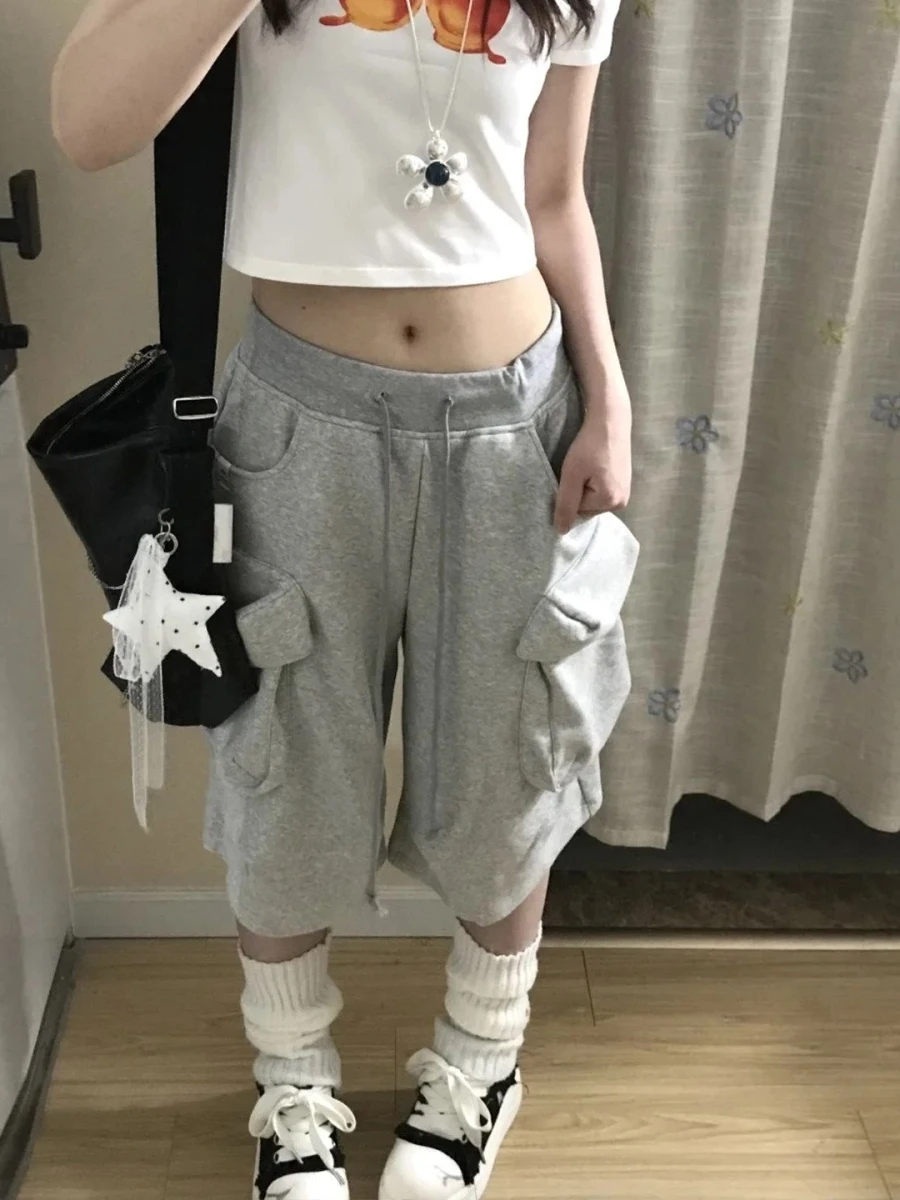 American Casual Workwear Short Pants Women Summer New Grey Multi-Pocket Loose Wide Leg Seven-Foot Sports Shorts