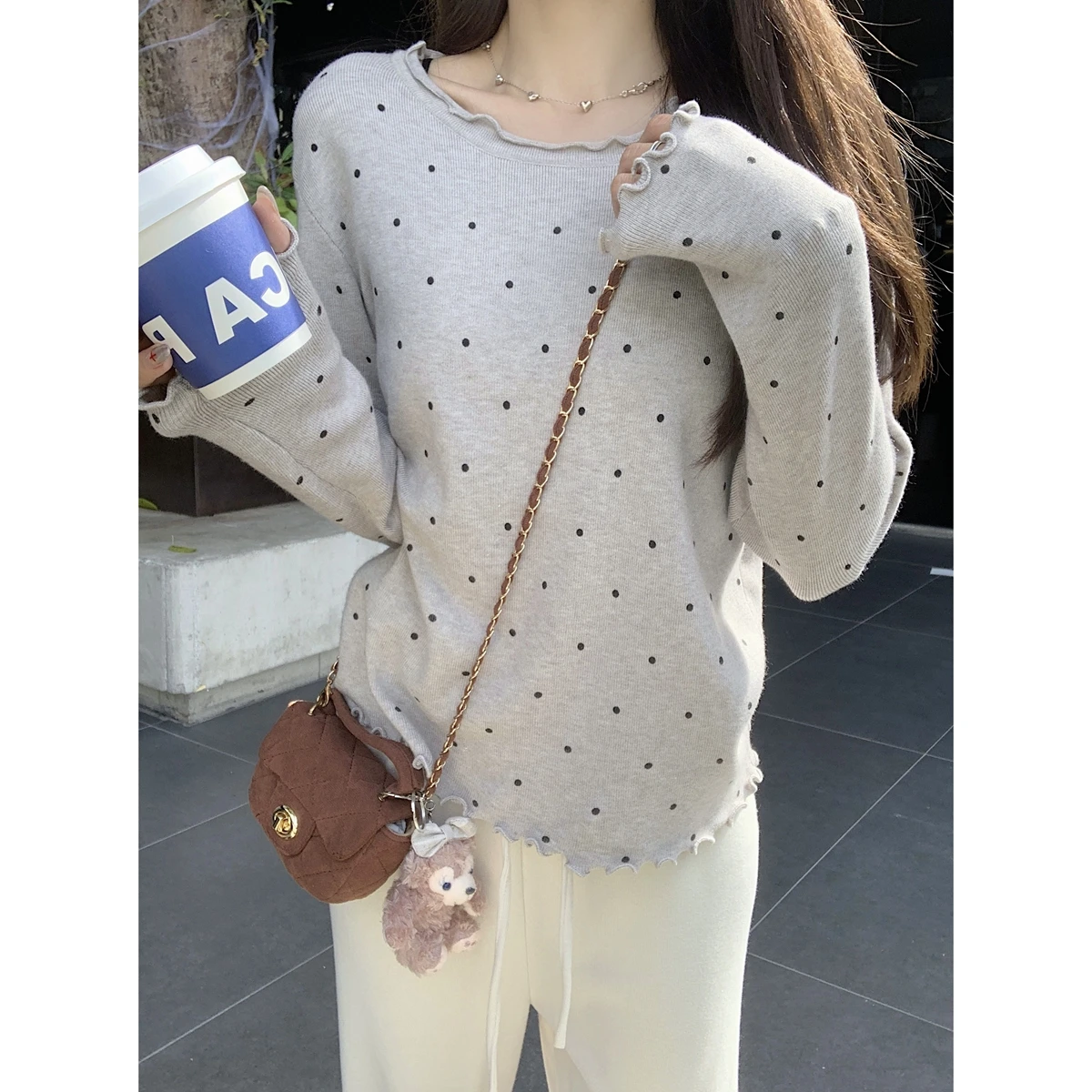 

Loose Fit Korean Sle Knitted Sweater Andy Velvet round Ne Polka Dot Print Inner Wear Long Sve Commute Suitable