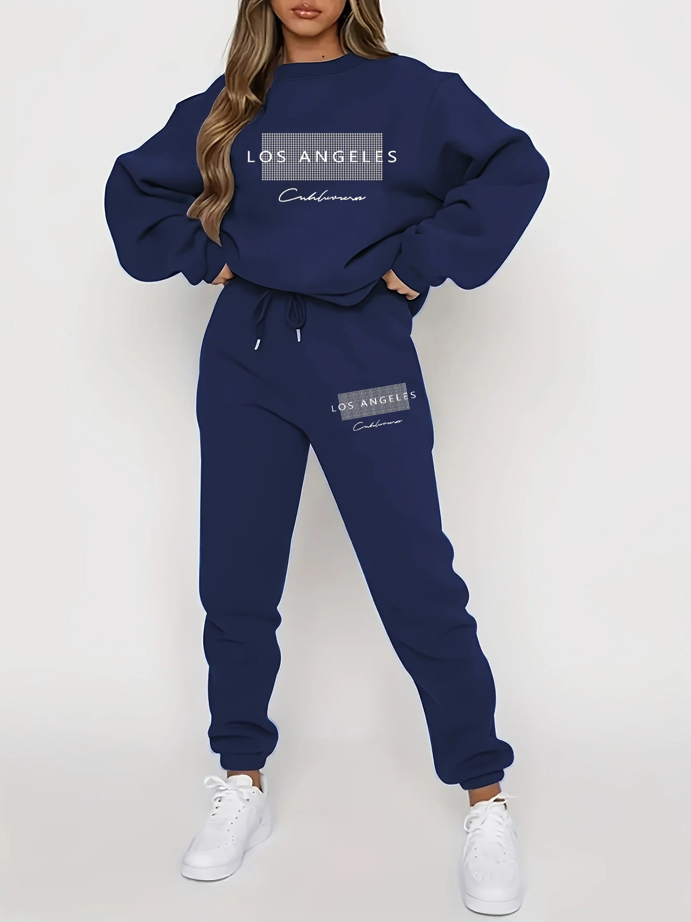 Women's Autumn/Winter Hip Hop Casual Street Los Angeles Letter Pattern Printed Round Neck Sweatshirt+Sweatpants Warm Set