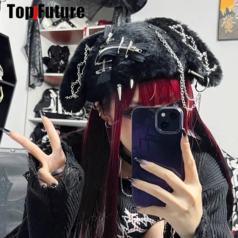 Women Harajuku Gothic Lolita Bunny Ear Hat Chain rivet Designer furry Winter Beanie Hat Female Y2K Girls rabbit ear spike Beret