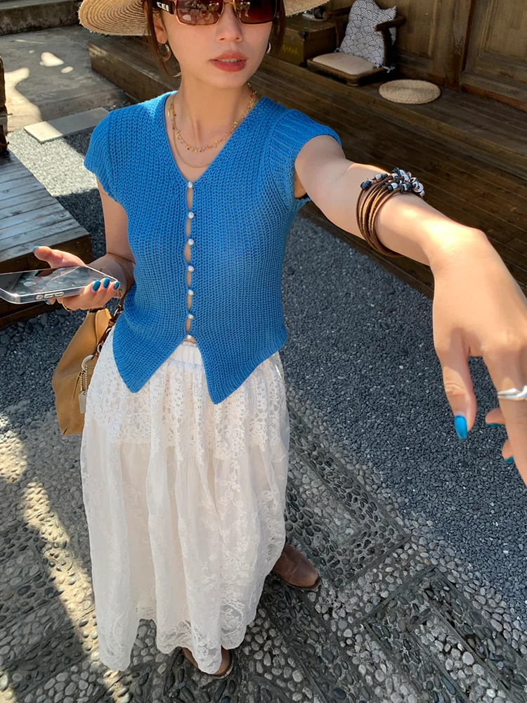 Cardigan lavorato a maglia blu Donna Estate Scollo a V Bottoni con perle Slim Maniche corte Top T-shirt eleganti e delicate