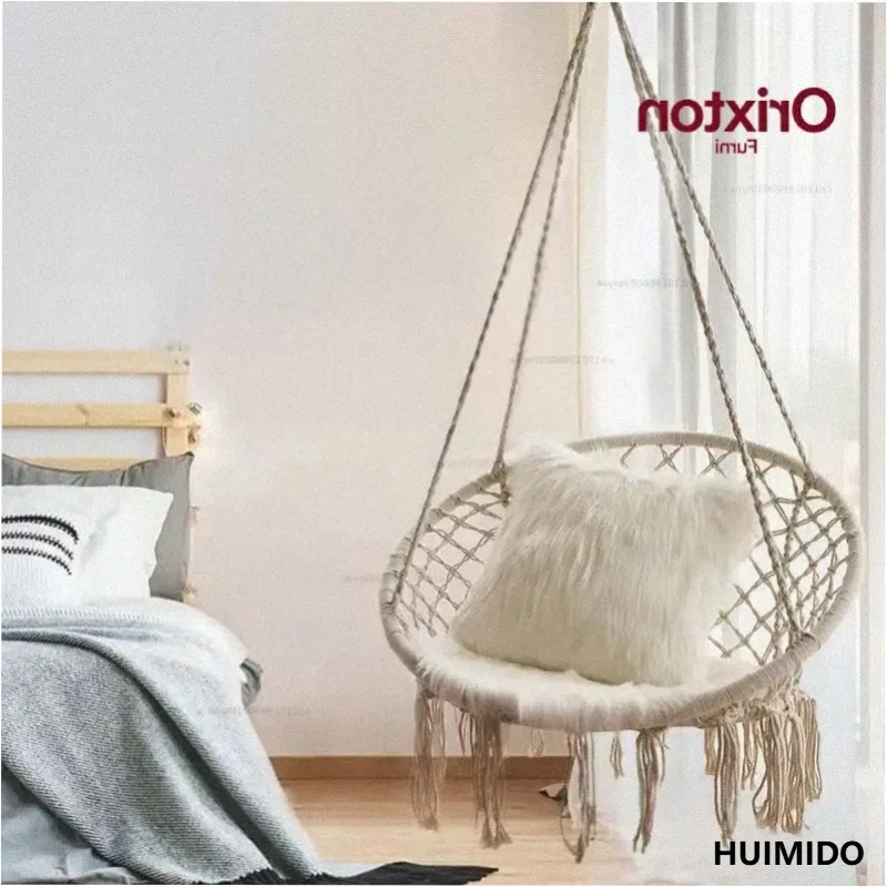 Outdoor Hanging Chair Bed Cotton Rope Woven Tassel Basket Lazy Swing for Homestay Handmade Crafted Swings for Relaxation