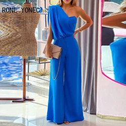 Women Elegant Solid One Shoulder Sleeveless Wide Leg Formal Blue Jumpsuit