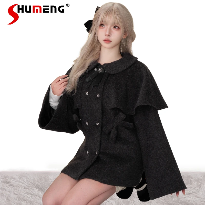 

New Japanese College Style Autumn And Winter Woolen Jaqueta Women's Bow Black Coat Long Sleeves Double-breasted Jacket Outerwear