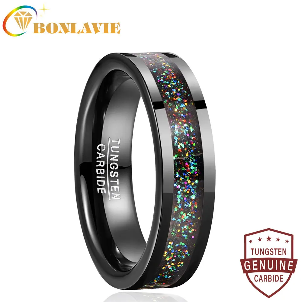 BONLAVIE 6mm Tungsten Carbide Ring Black Color Dome Polished Inlaid Pink Bling Powder Women's Fashion Wedding Jewelry Best Gift