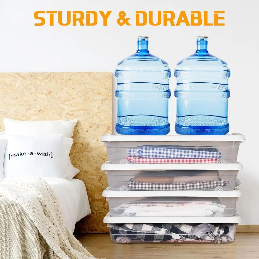 Grandes caixas de armazenamento de plástico transparente com rodas e tampas para uso embaixo da cama, ideais para roupas, sapatos e cobertores (23,7 x 15