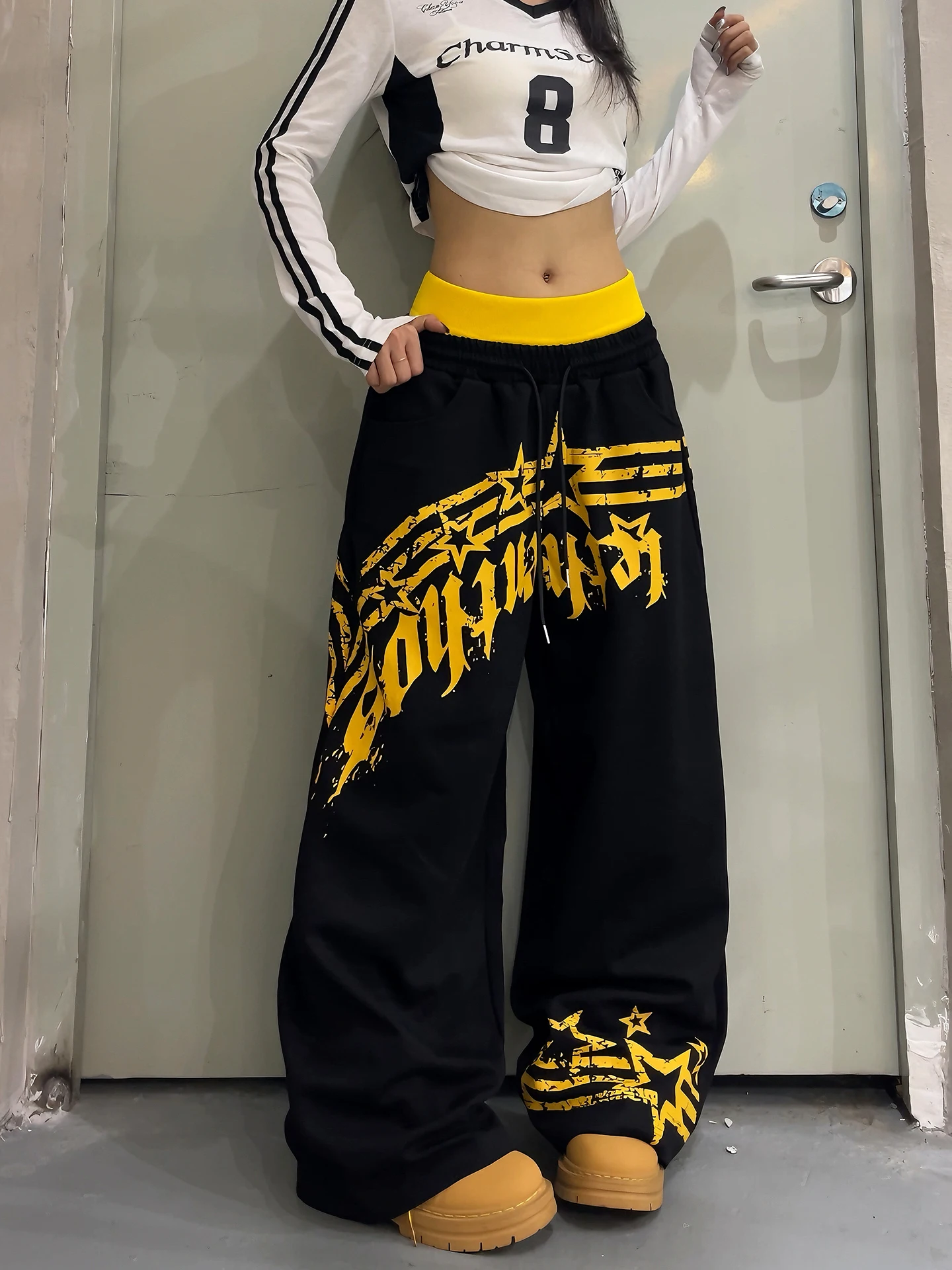 American Street Sport Color Block Wide Leg Pants Women Loose Floor Length Fake Two Piece Street Dance Casual Trousers