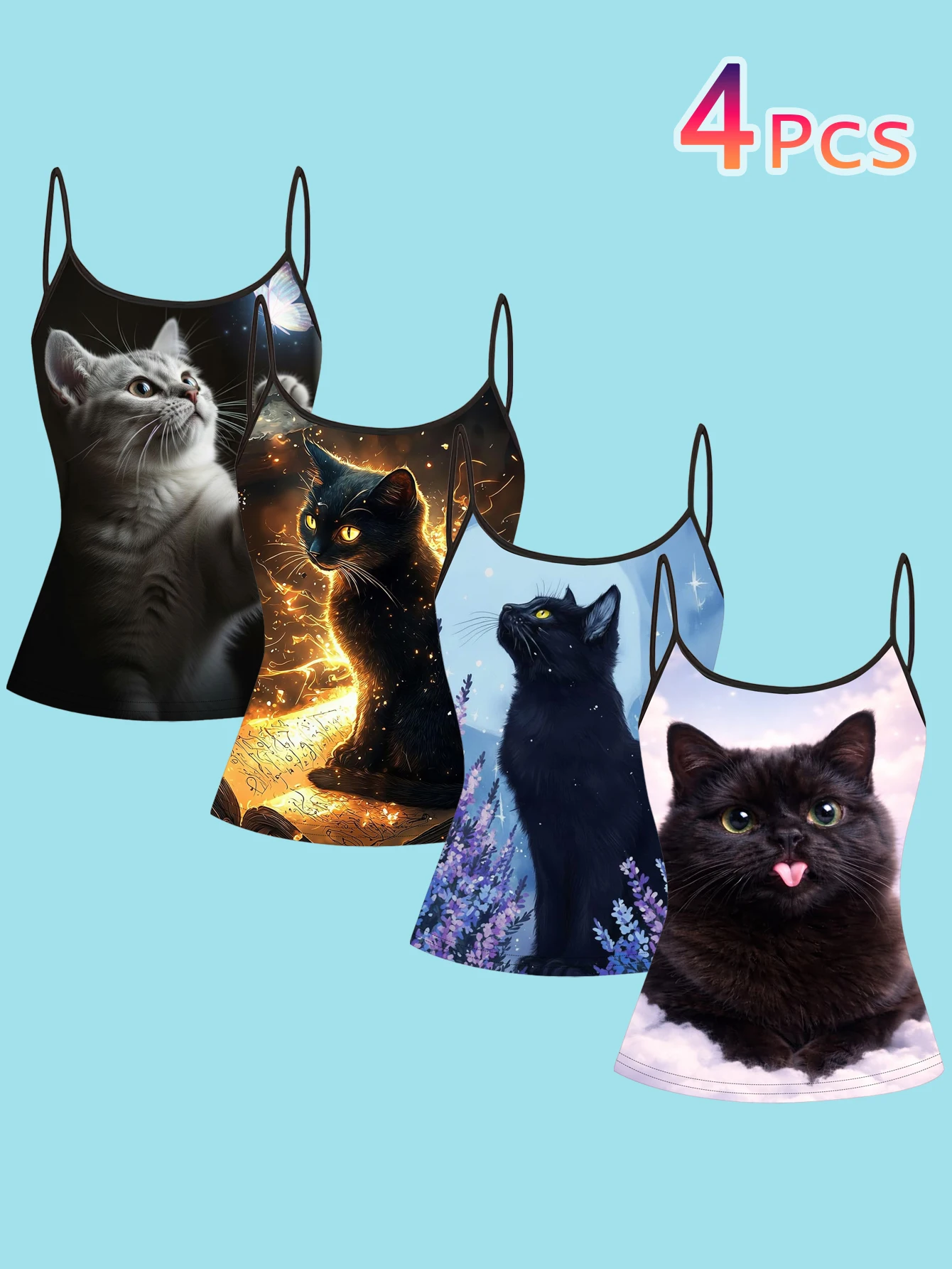 4-Piece Set of Artistic Black Cat Pattern Camisole Set with Lavender Starry Sky Print, Slim-Fit Women's Inner Tank Top