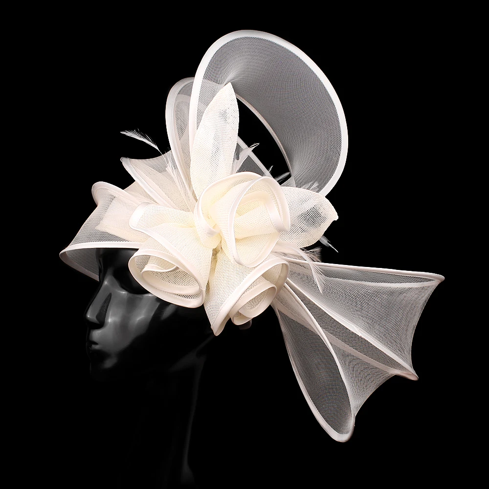 Beige Millinery Caps With Headbands Accessories Imitation Sinamay Derby Cocktail Hat Women Bridal Hair Fascinators Feather Fancy view 3